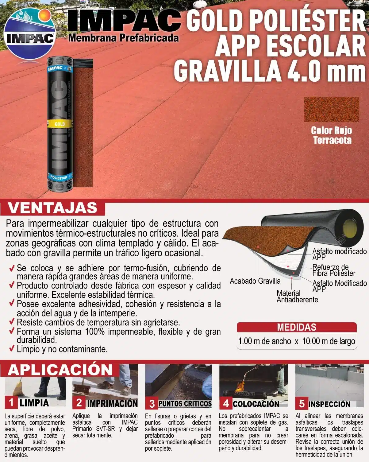 MEMBRANA PREFABRICADA IMPAC APP GOLD ESC. POLIESTER GRAVILLA TERRACOTA 4.0 MM - Imagen 2